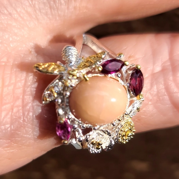 Gorgeous pink Opal & Pink Rhodolite Sapphires bumble bee sterling ring sz8.5 - Picture 7 of 10